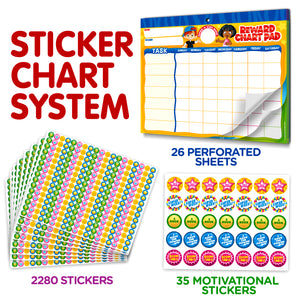 Behavior Reward Chart System - Pad with 26 Chore Charts for Kids, 2800 Stickers to Motivate Responsibility & Good Habits
