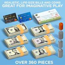 Learn & Climb - Realistic Play Money Set for Kids | Pretend Dollar Bills & Coins to Learn Cash Counting | Children’s Credit & Debit Cards Plus Realistic Checkbook | Teach Real Skills While Playing!