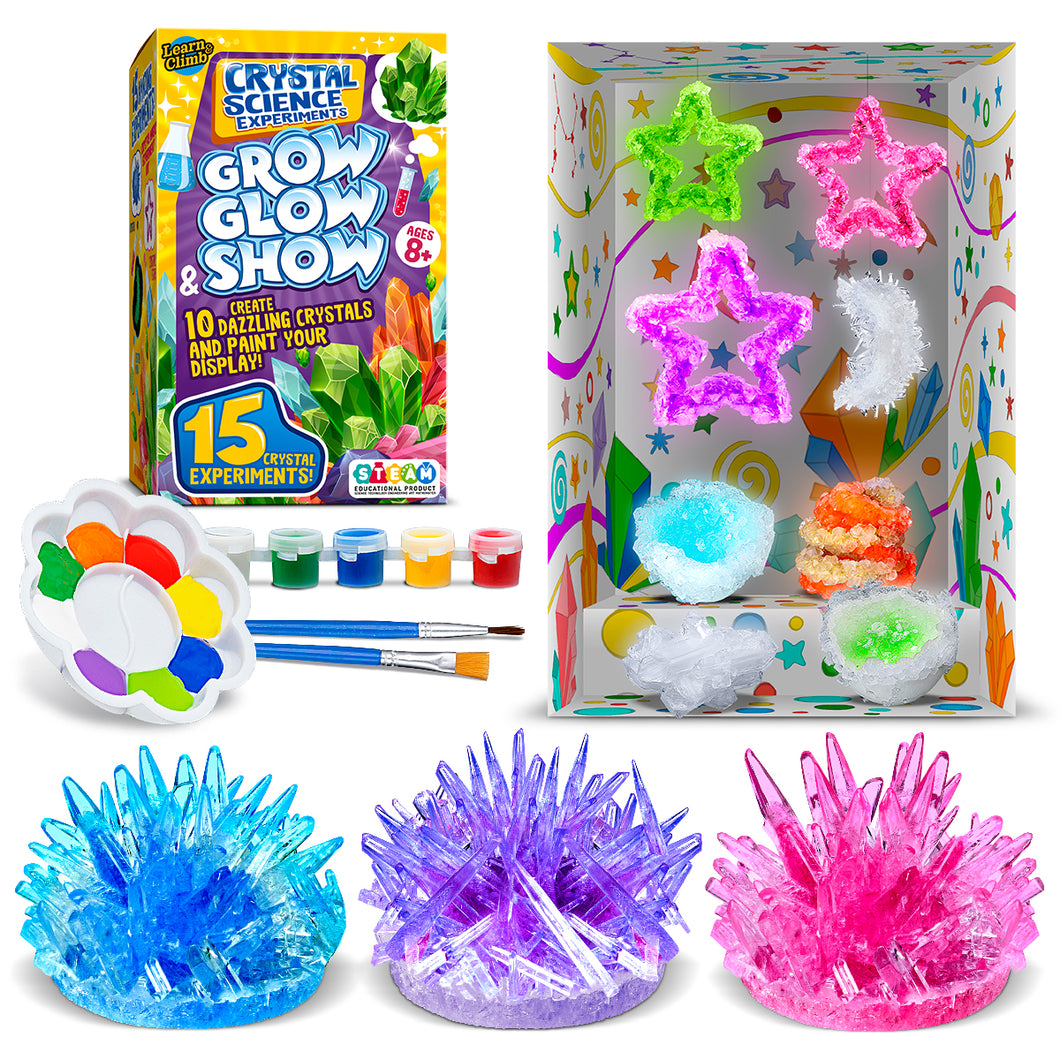 rystal Growing Kit for Kids - 10 Crystals Science Experiment Kit + 2 Glow in the Dark Crystals with DIY Paint Display Stand – Great Gift for Girls and Boys Ages 6-12